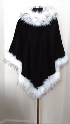 Winter Black Polo-neck Poncho With Ivory Faux Fur trim Fur Trimmed Cape, Poncho Coat Cape, Wool Cape Coat, Faux Fur Collar Coat, Faux Fur Cape, Black Poncho, Cashmere Cape, Fur Cape, Cashmere Poncho