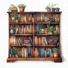 a book shelf filled with lots of books and plants