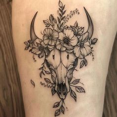 Bull Skull Stencil Tattoo Kit Longhorn Skull Tattoo With Flowers, Bull Skull Flower Tattoo, Western Horse Tattoos For Women, Texas Longhorn Tattoo Women, Animal Skull Tattoos For Women, Feminine Nautical Tattoo, Long Horn Tattoo Ideas, Cow Skull With Flowers Tattoo, Bull Skull Tattoo Women