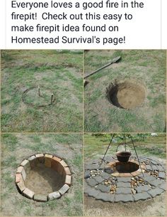 four pictures showing how to build a fire pit in the ground with stones and bricks