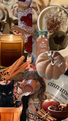 a collage of various food items including cinnamon, apple cider and pumpkin pie