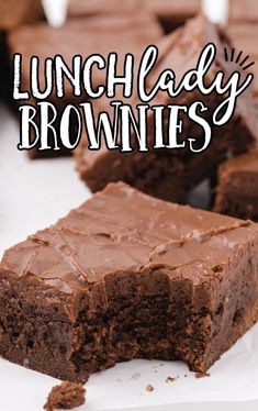 chocolate brownies with the words lunch lady brownies on top