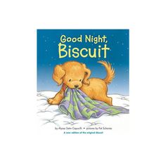 the book cover for good night, biscuit with a puppy holding a blanket in it's mouth