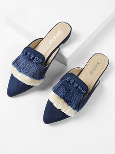 Blue Slides, Tassel Heels, Mule Flats, Shein Shoes, Strappy Sandals Flat, Toe Post Sandals, Studded Heels, Womens Shoes High Heels, Shoe Obsession