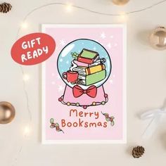 a christmas card with a snow globe filled with books and the words merry booksmas