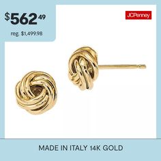 Features: Quick ShipEarring Back: PostShape: KnotMetal Color: YellowEarring Length: 9mmEarring Width: 9mmCare: Wipe CleanEarrings Style: Stud EarringsMetal: 14k GoldCountry of Origin: Imported Knot Stud Earrings, Knot Studs, Earrings Stud, Knot, Stud Earrings, In Italy, Italy, Gold, Free Shipping