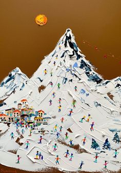 a painting of people skiing in front of a snow covered mountain with houses and trees