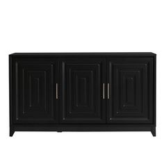 a black cabinet with three doors on the front and two drawers on the back, against a white background