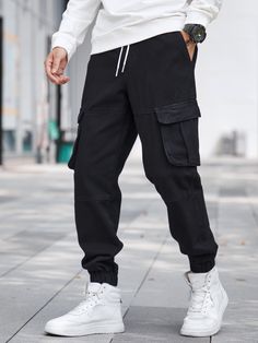 Black  Collar  Denim Plain Tapered/Carrot Embellished Non-Stretch  Men Denim Men’s Street Wear Fashion, Men Fashion Black And White, Black Outfit Ideas Men, Good Outfits For Guys, Mens Fashion Sweatpants, First Day Of School Outfit Men, Cargo Style Men, Shein Men Outfit, Simple Clothing Style