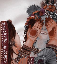 a painting of a woman covering her face with her hands and wearing jewelry on her head