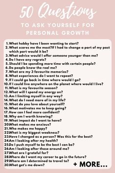 a pink poster with the words 50 questions to ask yourself for personal growth on it