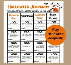 a halloween party game board with the words play halloween jeopardy