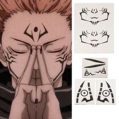 an anime character with his eyes closed and hands over his face, next to some drawings