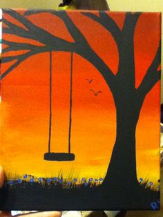 a painting of a tree with a swing hanging from it