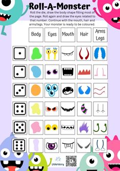 Unleash your students' creativity with this fun, interactive art worksheet! In this engaging dice-rolling activity, children take turns rolling a die to determine which part of a monster to draw next, slowly building their own unique creature. Once the monster is complete, they can color it in, making it perfect for a Zones of Regulation session. Each color can be linked to different emotions, encouraging students to explore how they feel while they bring their monster to life. Ideal for enhanci Roll A Monster Dice Game, Roll A Monster, Dice Activities, Monster Activities, Zones Of Regulation, Art Worksheets, Emotional Awareness, Interactive Art, Different Emotions