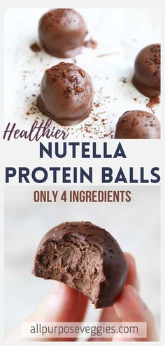 chocolate nutella protein balls with text overlay that reads, health nutella protein balls only 4 ingredients