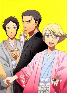 two men and a woman in kimonos standing next to each other with their hands together