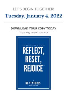 a blue and white poster with the words reflect, rest, rejoce