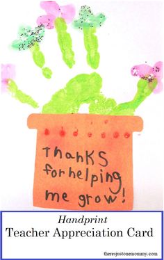 a handprint teacher appreciation card with flowers in a pot