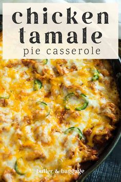 chicken tamale pie casserole in a cast iron skillet with text overlay