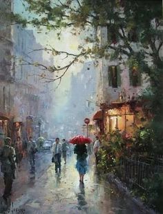 a painting of people walking down the street with umbrellas