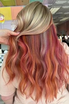 Red Hair With Blonde Overdye Red Hair With Blonde, Sunset Hair Color, Blonde Highlights Ideas, Peekaboo Color, Hair With Blonde Highlights, Sunset Hair, Highlights Ideas