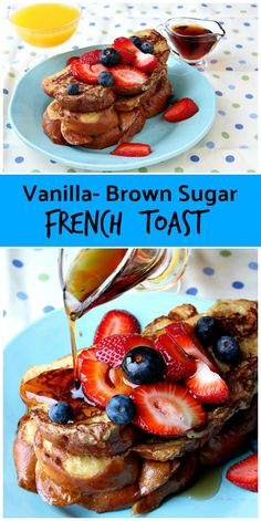 french toast with strawberries and blueberries is being drizzled with syrup