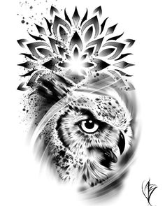 an owl with a flower on its head is shown in this black and white tattoo design