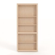 an empty wooden bookcase on a white background