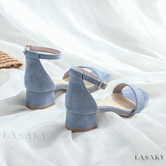 Lasaky - Womens Nude Strappy Sandals with Chunky Heels and Soft Soles Blue Low Heel Heels With Buckle Closure, Blue Sandals With Low Stacked Heel, Summer Light Blue Low Heel Shoes, Light Blue Sandals With Padded Block Heel, Light Blue Block Heel Sandals With Padded Heel, Light Blue Sandals With Heel Strap And Round Toe, Light Blue Block Heel Sandals For Summer, Trendy Blue Low Heel Shoes, Trendy Blue Low Heel Heels