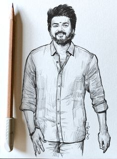 a pencil drawing of a man in a shirt and jeans with his hand on his hip