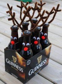 two pictures one with beer bottles and the other has fake reindeer antlers on it