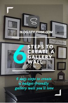 a living room with pictures on the wall and a piano in front of it that says 6 steps to create a gallery wall