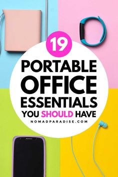 the words portable office essentials you should have in front of colorful paper and headphones