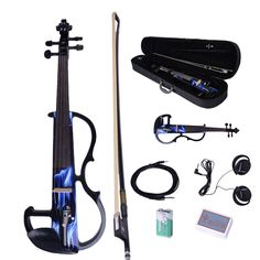 a violin and accessories are shown in this image