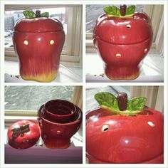 four different pictures of an apple shaped container