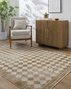 a living room area with a chair, rug and potted plant