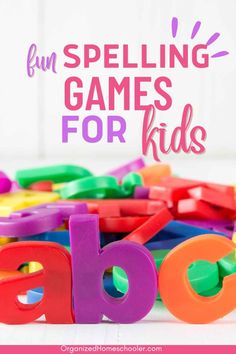 the words spelling games for kids are shown in front of colorful plastic letters and numbers