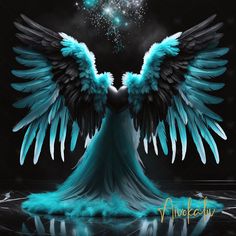 an angel with blue wings is standing in front of a black background and sparkles