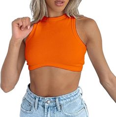 Dwnval Sexy Sleeveless Crewneck Ribbed Knitted Tank Crop Tops for Women(Orange,L) at Amazon Women’s Clothing store Neon Crop Top, Burgundy Crop Top, Crop Tops For Women, Slim Fit Crop Top, Womens Tops Summer, Workout Tank Tops