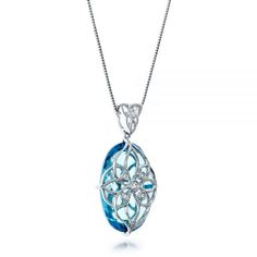 101859 14k White Gold Pendant   Blue Topaz - 20.48 ctw   6 Diamonds - .11 ctw   Clarity: VS - Color: F-G   Vanna K. This exquisite pendant features an oval blue topaz in a filigree setting that’s also accented with bezel set diamonds and milgrain. It matches earrings #101857 and ring #101858, and you can view or try on any of these when you stop by our Seattle or Bellevue, WA showrooms. All three pieces are part of our Vanna K collection, and they exhibit the exceptional detailing that give piec Luxury Aquamarine Jewelry With Diamond Accents, Luxury Blue Topaz Oval Necklace, Luxury Oval Blue Topaz Necklaces, Luxury Oval Blue Topaz Necklace, Luxury Diamond White Blue Topaz Jewelry, Luxury White Gold Blue Topaz Gemstones, Luxury Oval Topaz Necklace, Elegant Formal Aquamarine Gemstones, Elegant Briolette Aquamarine Jewelry