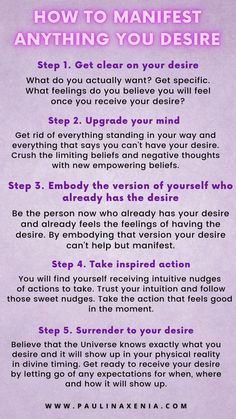 a purple poster with the words how to manifest anything you desirede on it