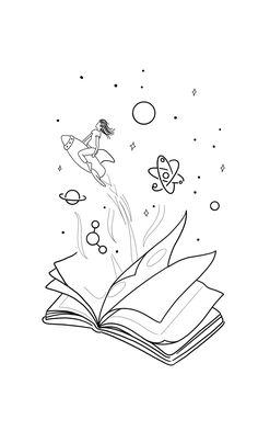 an open book with a girl flying through the air