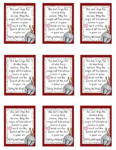 six red and white cards with words on them