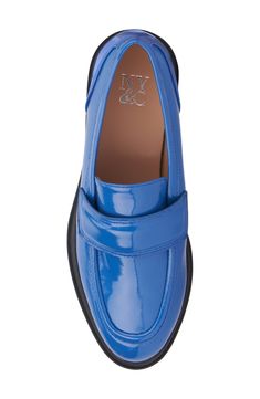 A patent finish lends shine to a faux-leather loafer topped with a simple penny strap for minimalist appeal. 1 1/2" heel Synthetic faux-leather upper and lining/rubber sole
 Imported Spring Blue Loafers For Workwear, Blue Spring Loafers For Work, Blue Spring Workwear Loafers, Spring Workwear Blue Loafers, Blue Loafers For Office In Spring, Blue Loafers For Spring Office Wear, Spring Office Blue Loafers, Blue Loafers, Leather Loafers Women