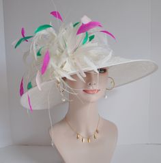 . 100% Sinamay, light and comfortable •Wide brim measure Appr 6.5" brim •The crown is decorated with feather flower. Very beautiful!! •Head girth is 22”-23",adjustable string inside can give you the best fit. •Great for Kentucky Derby, Church, Wedding, Tea Party or other special event . If you want to use different colors feathers tell me the color you need, I will change for you. 💃1. All hats will be sent from Rockville, MD, 20850, using FedEx Ground (1- 5 business days if the shipping box cir Wedding Tea Party, Tea Party Wedding, Pink Feathers, White Hot