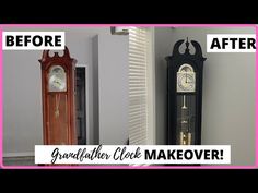 before and after photos of grandfather clock makeover with pink border overlaying the image