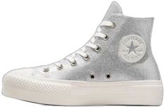 Casual Silver High-top Lace-up Sneakers, Casual Silver High-top Sneakers With Boost Midsole, Casual Silver High-top Sneakers With Comfort Midsole, Silver Casual High-top Sneakers With Boost Midsole, Silver High-top Sneakers With Vulcanized Sole, Silver High-top Sneakers For Sports, Casual Silver High-top Sneakers With Round Toe, Metallic Silver Lace-up Casual Sneakers, Silver Sneakers With Speckled Midsole For Streetwear