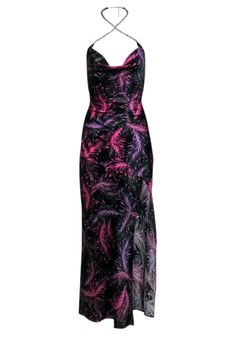 Current Boutique-Nicholas - Black & Purple Leaf Print Silk Dress w/ Embellished Halter Neck Sz 0 Print Silk Dress, Vibrant Purple, Silk Print Dress, Burgundy Floral, Cowl Neckline, Leaf Print, Leaf Prints, Floral Print Dress, Black Heels