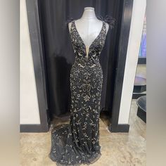 Long Beaded Formal Black Hand Embellished Evening Dress, Elegant Black Hand Embellished Dress, Black Beaded Evening Dress For Gala, Black Beaded Evening Dress For Night Out, Beaded Black Evening Dress For Night Out, Elegant Beaded Black Evening Dress, Elegant Black Beaded Evening Dress, Ashley Lauren, Flare Jeans